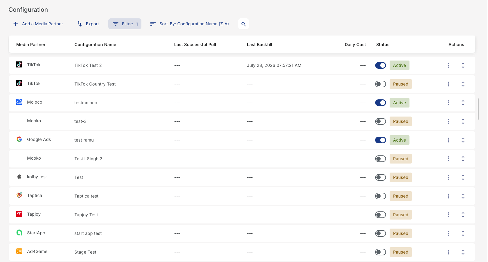Cost Configuration List